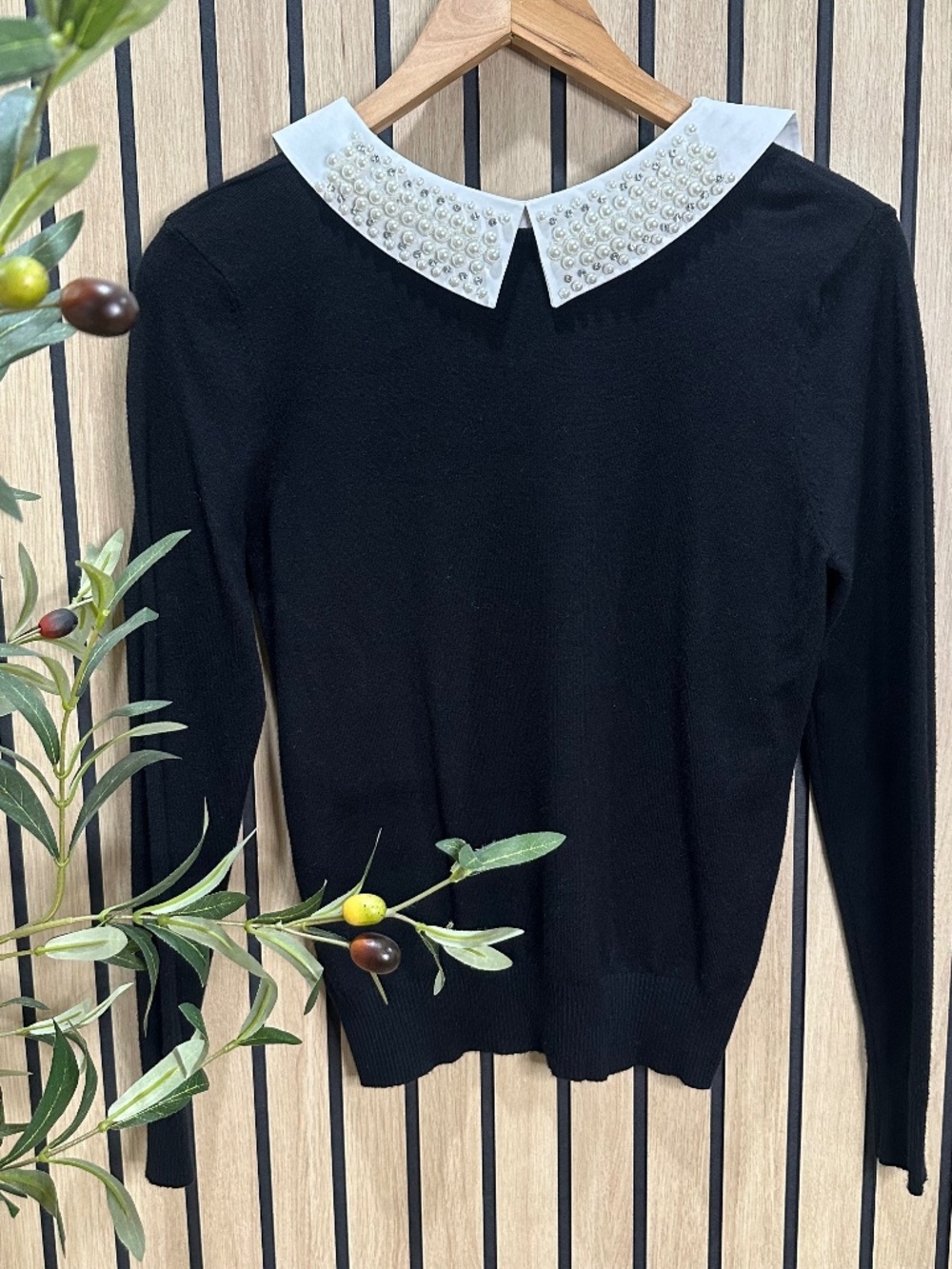 Sianni Milano Embellished Peter Pan Collar Sweater – Black – XS